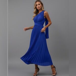 Blue One Shoulder Twist Front Pleated Hem Dress